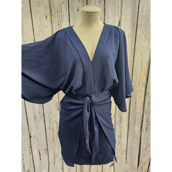 ALK Women's S CupShe Blue Flared Sleeve V-Neck Mini Dress Tie Waist Swim Coverup - Picture 3 of 9